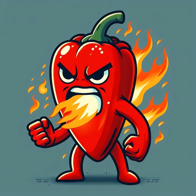 Vector fiery hot pepper cartoon character with flames and angry expression