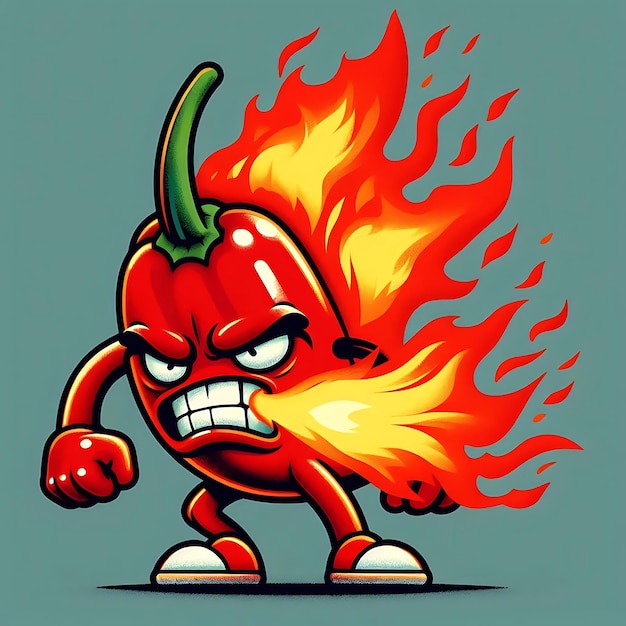 Vector fiery hot pepper cartoon character with flames and angry expression