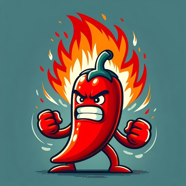 Fiery Hot Pepper Cartoon Character with Flames and Angry Expression