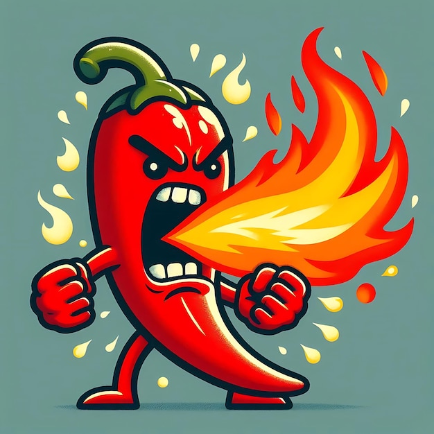 Fiery Hot Pepper Cartoon Character with Flames and Angry Expression