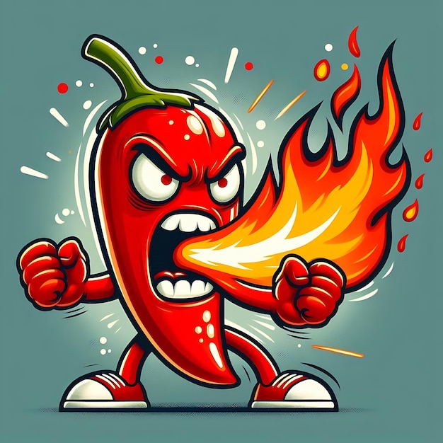 Fiery Hot Pepper Cartoon Character with Flames and Angry Expression