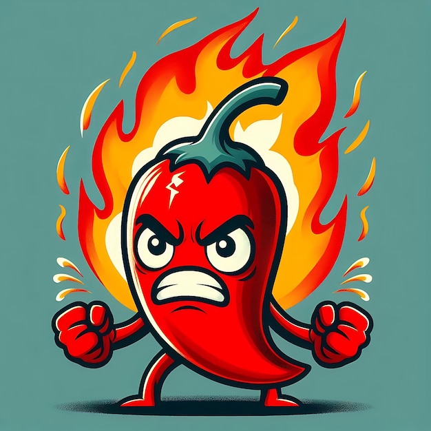 Vector fiery hot pepper cartoon character with flames and angry expression