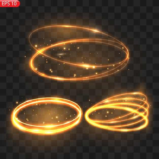 Fiery light circles glow effect, sparkling golden glitter. Fiery circles, sparkling magical whirlwinds and light energy