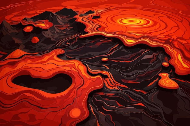 Vector a fiery molten planet covered in red and orange lava flows with thick volcanic