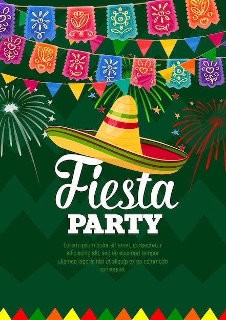 Fiesta party poster mexican symbols sombrero and colorful flag garlands