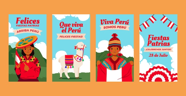 Fiestas patrias peru hand drawn flat ig stories set