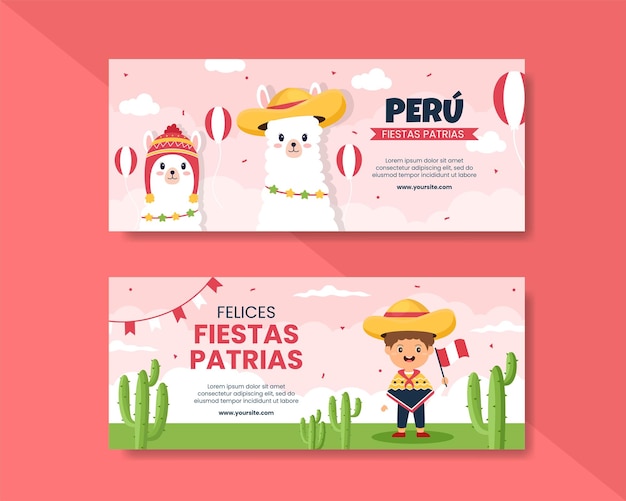 Fiestas Patrias Peru Horizontal Banner Template Social Media Cartoon Background Vector Illustration