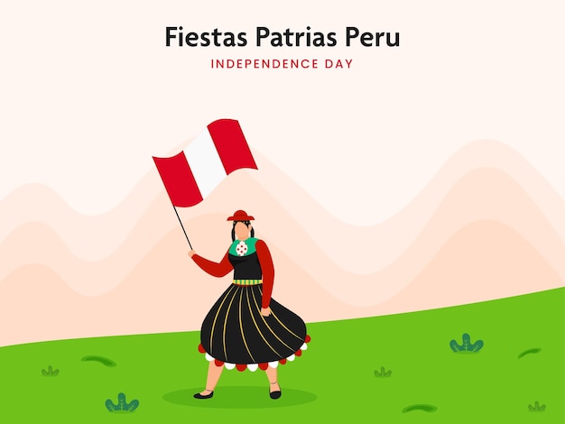 Vector fiestas patrias peru independence day concept peruvian woman wearing traditional dress with holded national flag on peach and green background