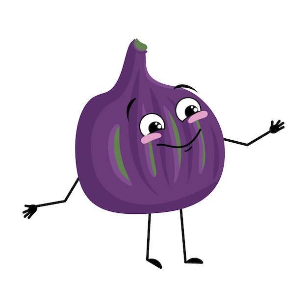 Fig character with happy emotion joyful face smile eyes arms and legs Person with expression violet fruit emoticon Vector flat illustration