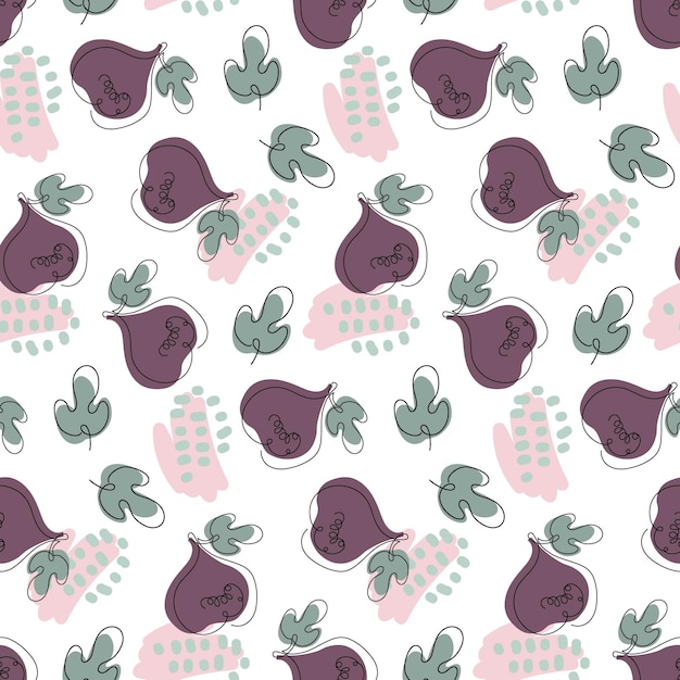 Fig fruit and leaves with abstract shapes seamless pattern, Fig fruits on white background