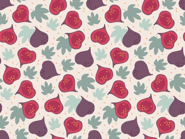 Fig Fruit with leaves seamless pattern, hand drawn doodle sketch. Repeated Vector Food template