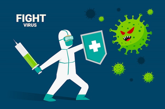 Fight Covid-19 Corona Virus cartoon illustration concept. cure coronavirus.