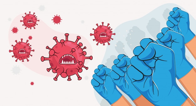 Fight covid-19 coronavirus concept. Group of raised arms in blue medical groves fighting with virus microbes. Stop covid. Cartoon styled illustration.