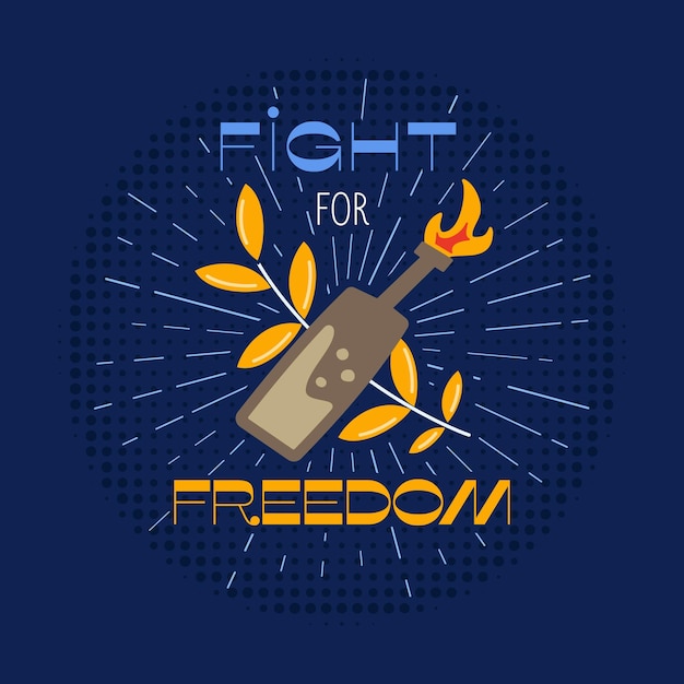 Fight for freedom badge design with bottle and spikelet Retro Ukraine label Stock vector emblem Ukrainian sticker isolated on the dark background