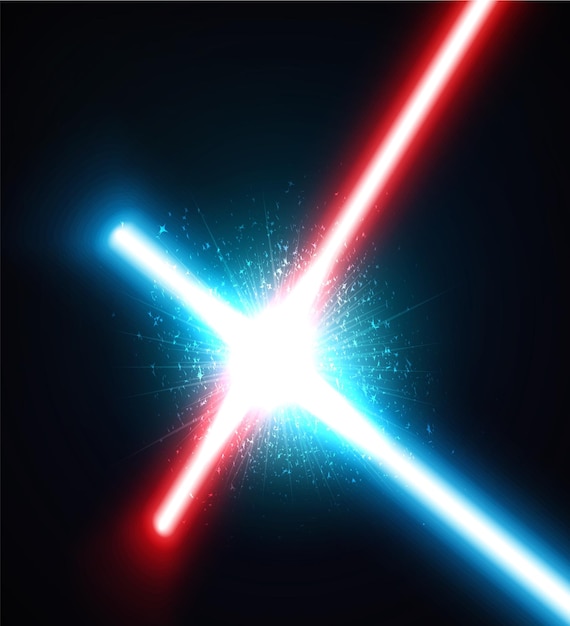 Fight of two crossed laser swords The new weapon of the future new technologies Futuristic weapons