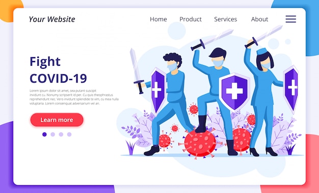 Fight the Virus Concept, Doctor and nurses use sword and shield to fight Covid-19 coronavirus. website landing page design template