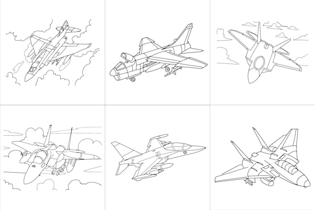 Fighter jet Drawing line art vector illustration for coloring book. Cartoon Airplane drawing.