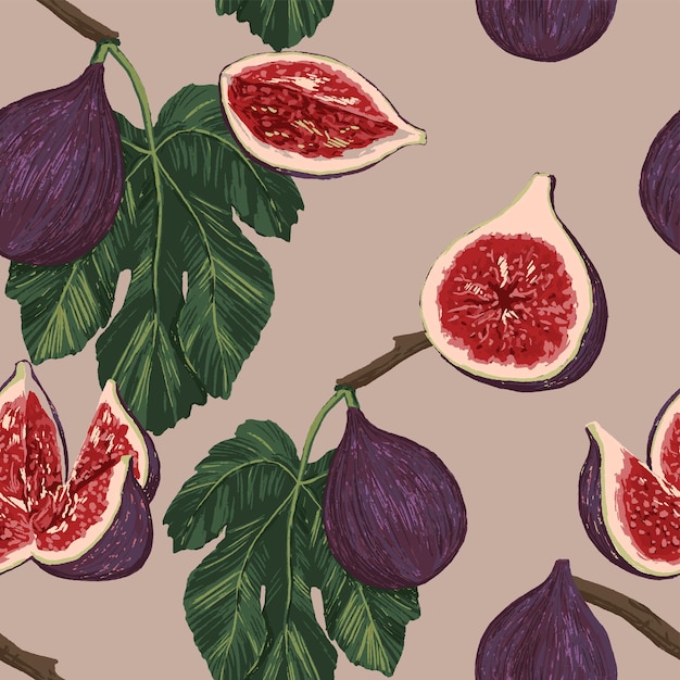 Figs fruits seamless pattern. Realistic vector illustration. Exotic fruits ornament. Abstract design for print, textile, wallpaper, decor, background.