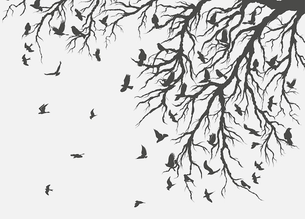 Figure flock of flying birds on tree branch.