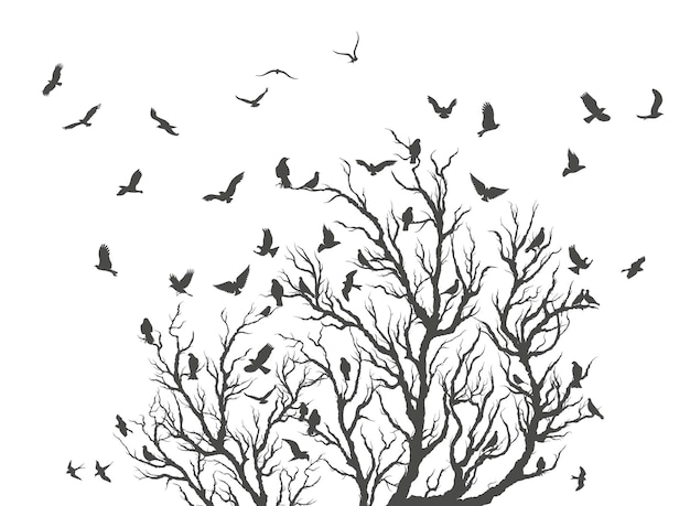 Figure flock of flying birds on tree branch.