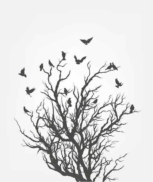 Figure flock of flying birds on tree branch.