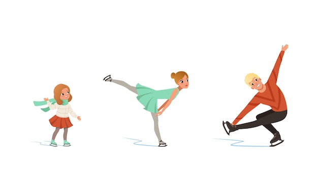 Vector figure skating people training on ice set athletes performing on rink winter sport activity concept cartoon vector illustration