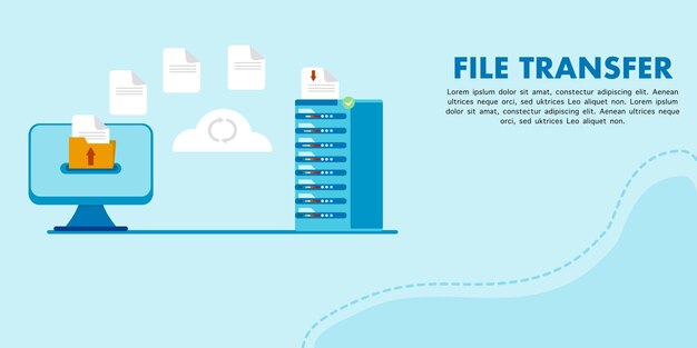 Vector file or data transfer concept, data backup, document storage, technology cloud, file upload concept.