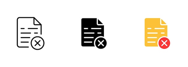 A file or document icon with a red X or cross on it indicating that the file has been deleted or cannot be opened Vector set of icons in line black and colorful styles isolated