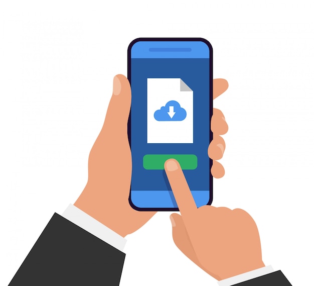 File download with phone. Document downloading. Hand holds smartphone with download file.