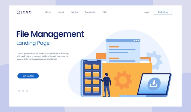 File management administration document data filing concept flat illustration vector landing page template