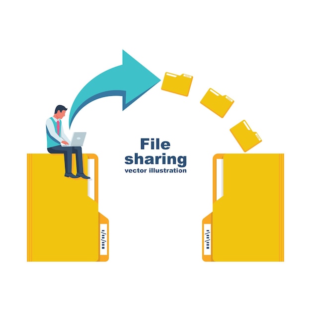 Vector file sharing. transfer of documentation. businessman with laptop transmits folders with files. transferred documents. landing page copy data. vector illustration flat design. backup pc migration.