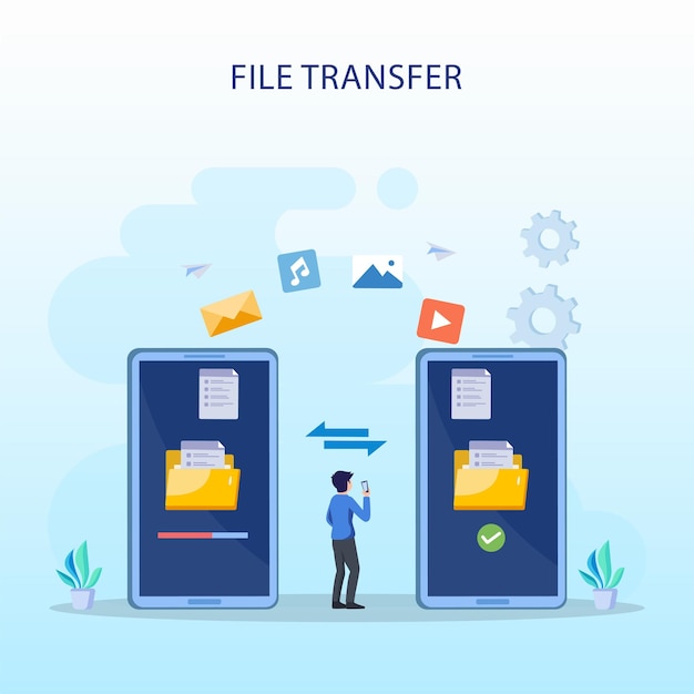 Vector file transfer concept backup data technology cloud upload and download flat vector template