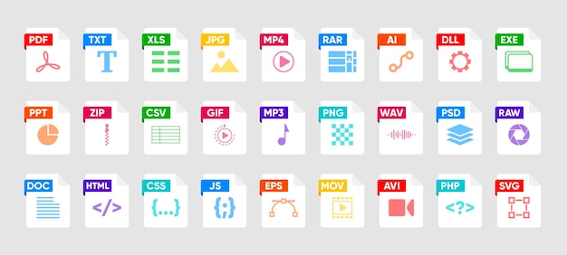 File Type icon set Popular files format and document Format and extension of documents Set of graphic templates audio video image system archive code and document file Vector illustration