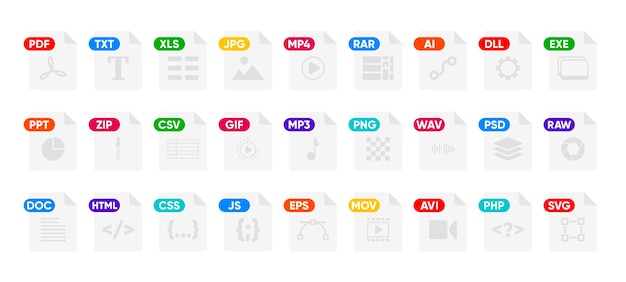 File Type icon set Popular files format and document Format and extension of documents