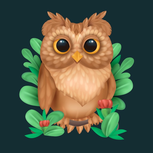 Filin or Owl sit on a branch among the leaves  illustration