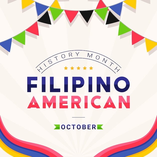 Filipino American History Month - October - square banner template with the text and colorful decorative flags around it. Tribute to contributions of Filipino Americans to world culture.