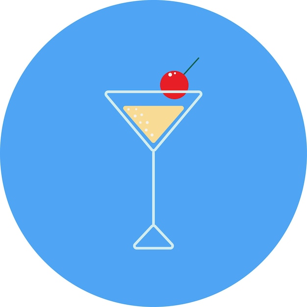 Filled cocktail glass with cherry on blue circle background