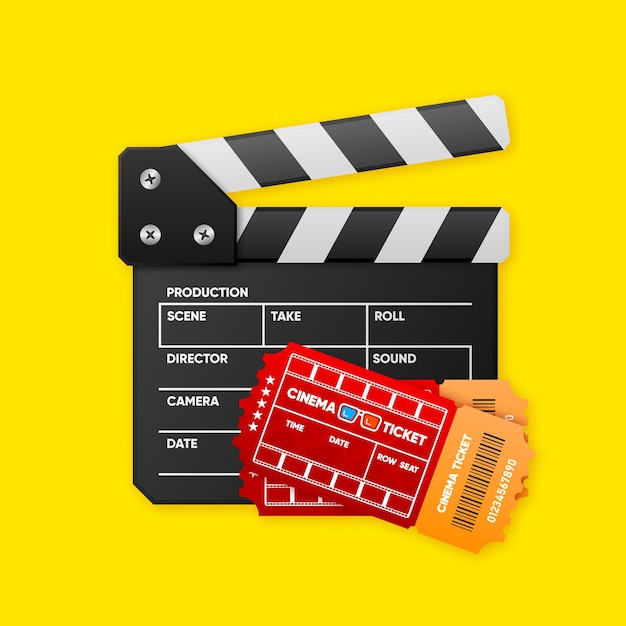 Film clapper board and cinema tickets Movie clapper for cinema Flat design style Vector illustration