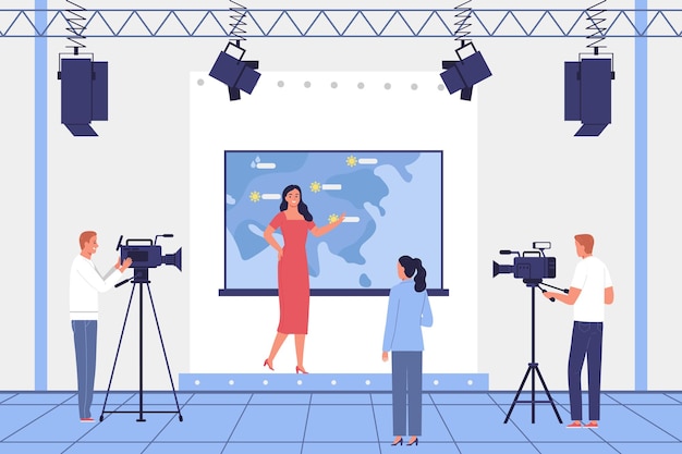 Film crew shooting a woman broadcasting a weather forecast flat illustration