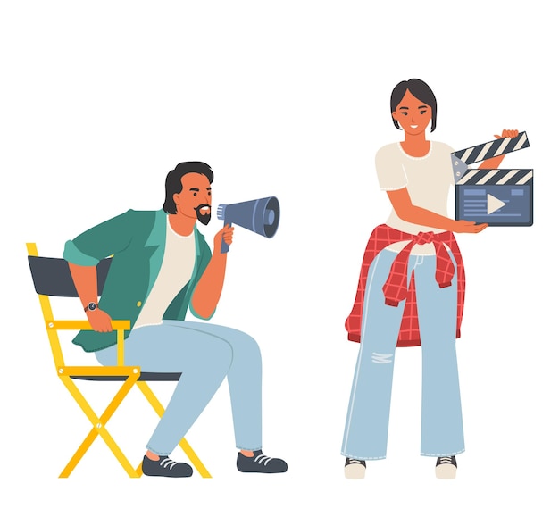 Vector film director and assistant engaged in cinema production vector illustration male producer shouting in megaphone female helpmate holding clapping board