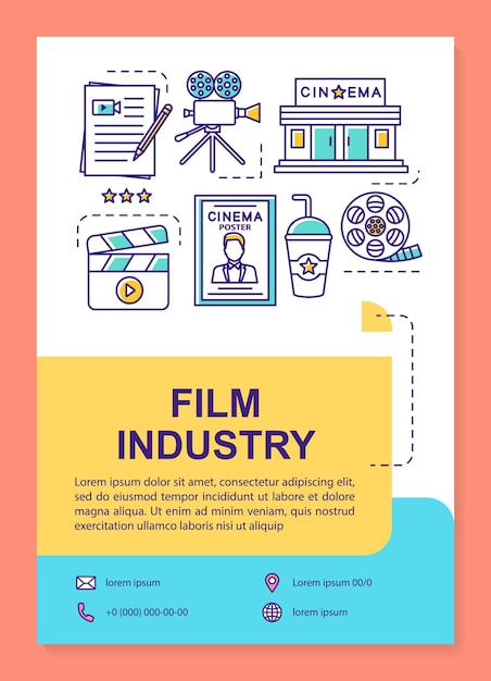 Film industry poster template layout. Cinematography, video production. Banner, booklet, leaflet print design with linear icons. Vector brochure page layouts for magazines, advertising flyers