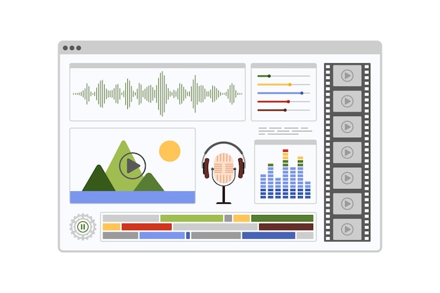 Film production and video montage software window interface of movie project editing