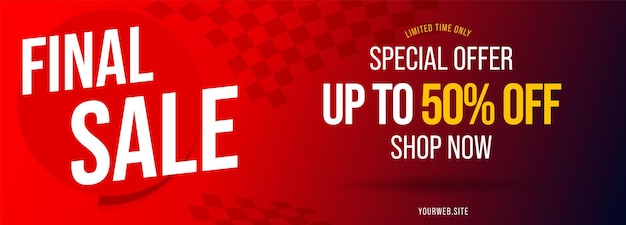 Final sale special offer up to 50 percent off header banner. Shop now promotion limited time only great discount red advertisement template design with website address vector illustration