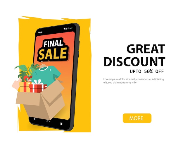 Final Sale via Smartphone with floating gift boxes aside 3D web banner of online shopping