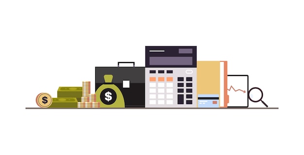 Finance analysis calculator working together growth wealth concept flat vector illustration.