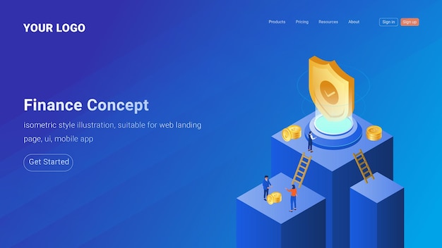 Finance Concept Landing page templateIsometric style illustration isolated on blue background