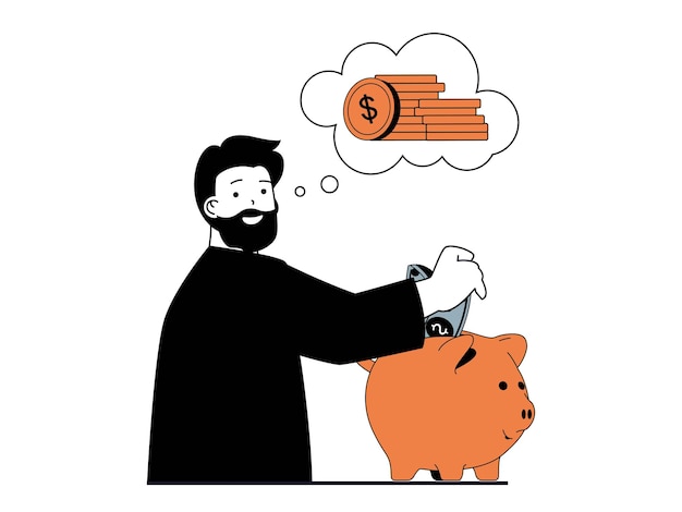 Finance concept with character situation Man saves money in piggy bank makes deposit in bank and success invests increasing profits Vector illustration with people scene in flat design for web