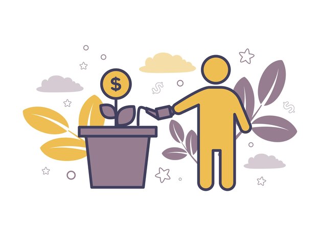 Vector finance financial services trust services fiduciary services illustration of a silhouette of a man watering a plant in a pot instead of a bud a dollar coin