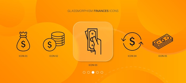 Finance icon vector set Payment money exchange cashback symbols in glassmorphism style