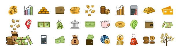 Vector finance icons business icons money signs business and finance web icons in line style euro and dollar cash wallet exchange banking credit card